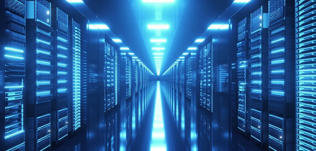 A long aisle of server racks in a modern data centre, with blue lighting and cable management visible.
