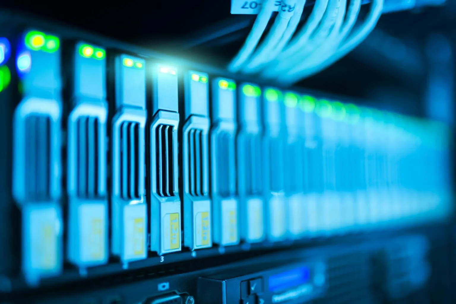 A server room with rack-mounted equipment.